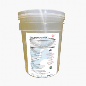 Large tub of Alpha Descaler Extra Strength filled with descaling solution
